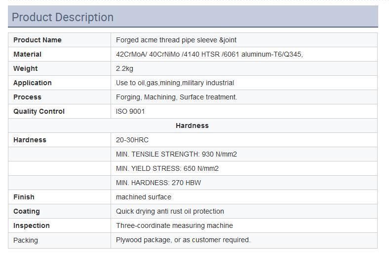 Acme Thread Drilling Pump Sleeve Joint Connector Valve